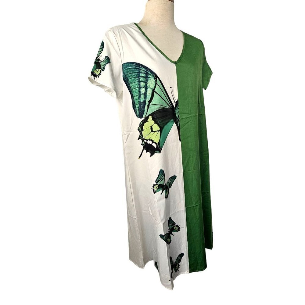 Green Butterfly Colorblock Shift Dress Womens L V-Neck Short Sleeve Misslook